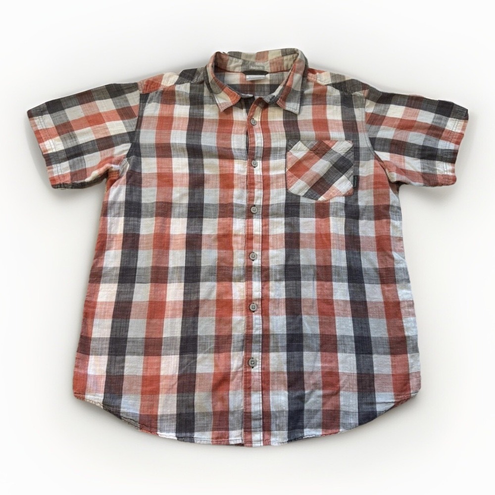 COLUMBIA Mens XL Orange and Black Regular Fit Camp Shirt  Gingham